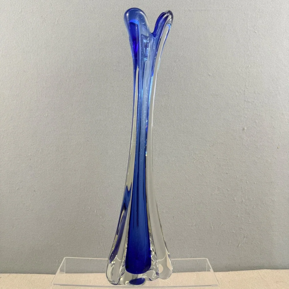Vintage Cobalt Blue Sommerso Glass Bud Vase Pulled Petal 16